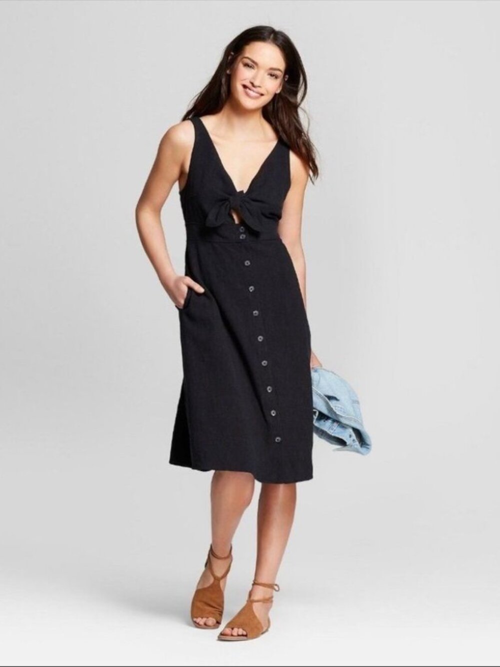 Universal Thread Black Tie-Front Button Midi Dress